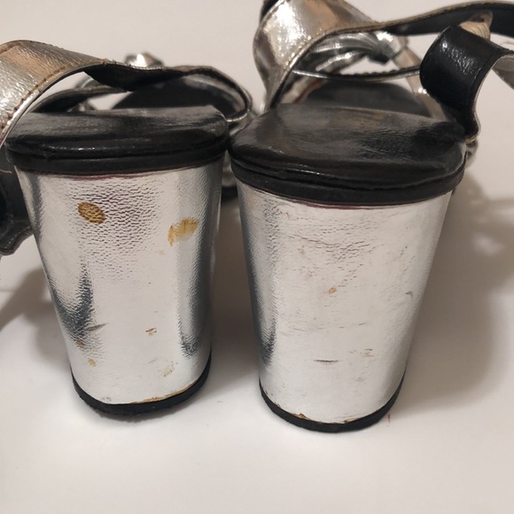 Vintage MTA Silver Metallic Block High Heel Slingback Shoes Women’s 7.5 Open Toe - Picture 6 of 9